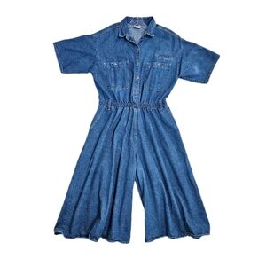 Vtg Vivaldi Jumpsuit Denim Gaucho Culotte Button Front Elastic Waist USA 80s L